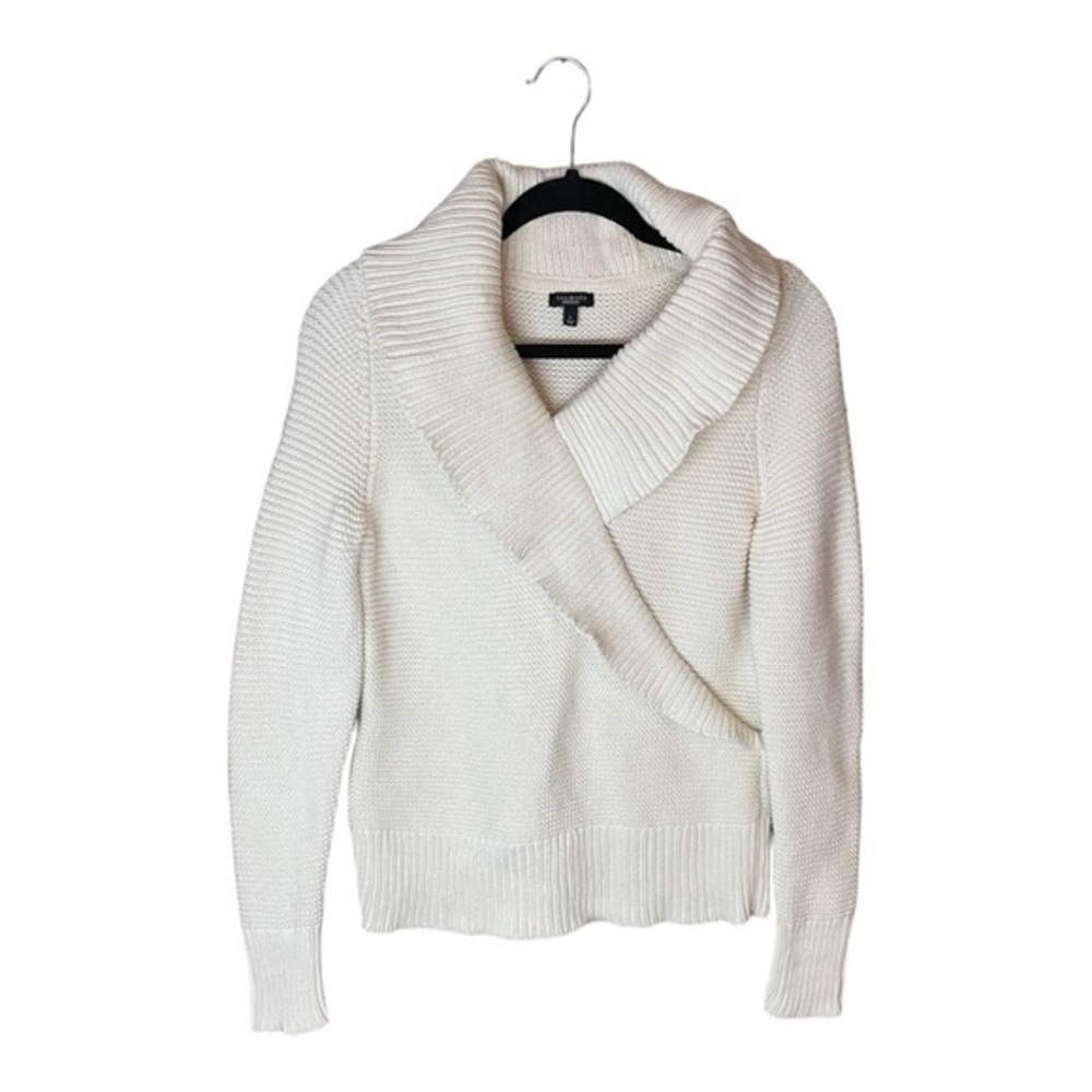 Talbots 100% Cotton White Sweater‎ Heavy V-Neck with Ruffles Women’s Size Large